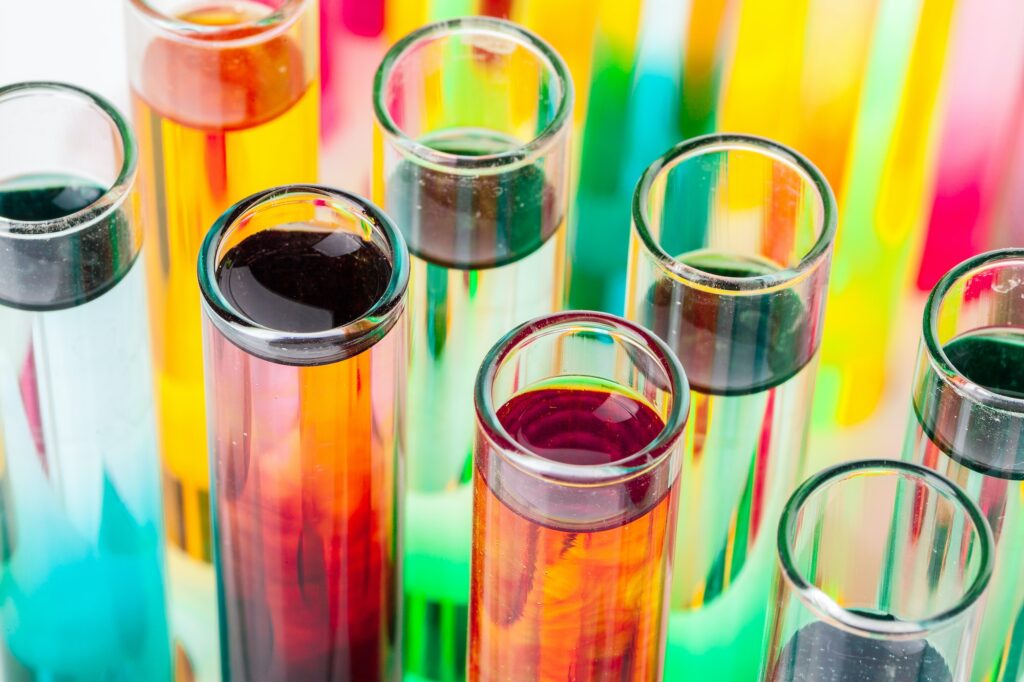 Still life in laboratory. Test tubes with colorful chemicals